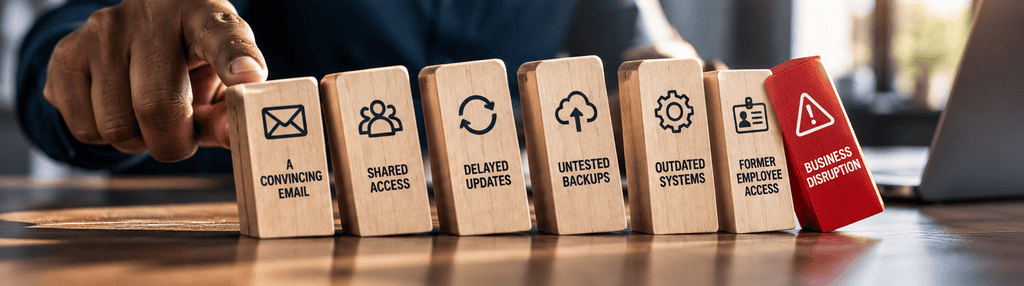 Illustration showing how overlooked cybersecurity risks, including shared access, delayed software updates, outdated systems and untested backups, can lead to business disruption.